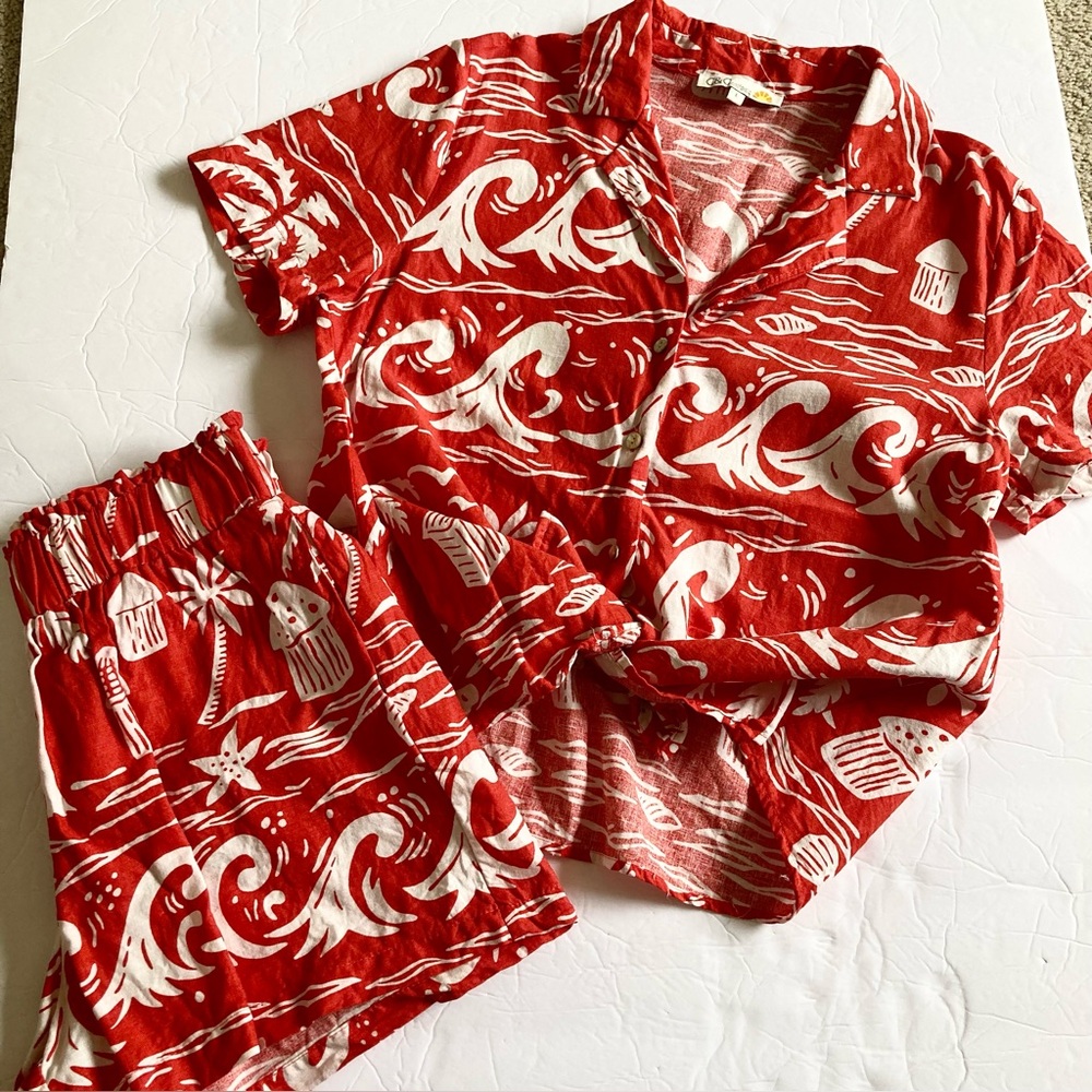 C&C California / Womens Red and white tropical shirt & short set